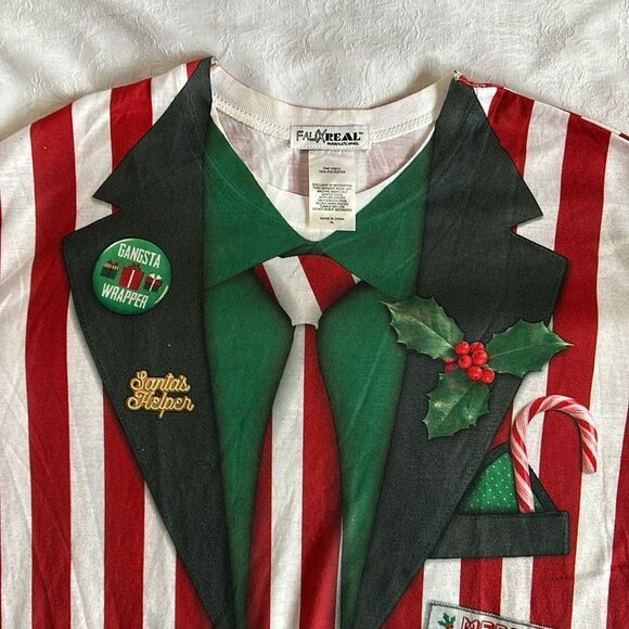 Faux Real Mans Striped Suit and Tie Ugly Christmas Sweater Tshirt Size XL - Picture 2 of 11